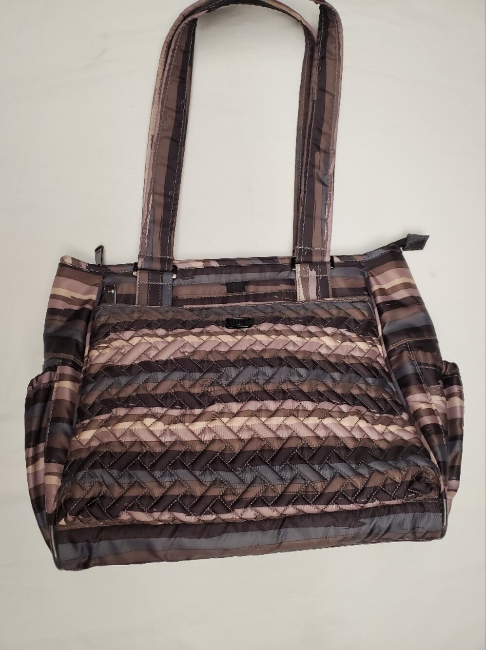 Lug Cabby Tote Bag Quilted Nylon Brown Gray Striped Overnight Carry-On Organizer